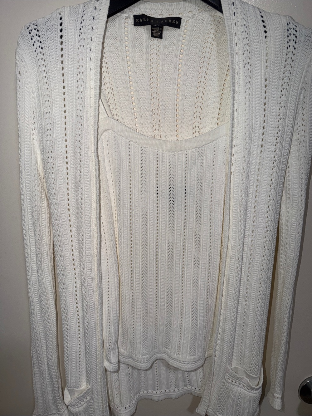 Ralph Lauren Black Label Cream Open-Weave Knit Cardigan & Tank Set